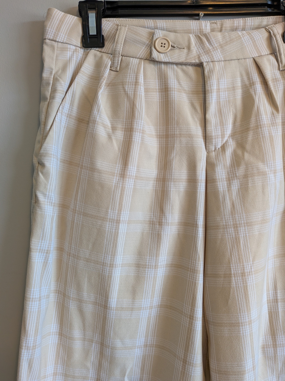 Women's Beige Plaid Dress Pants with White Windowpane